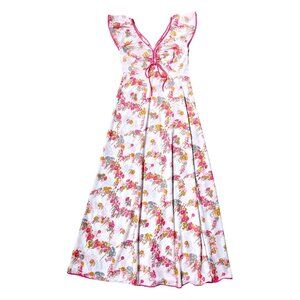 70s Vintage Floral Maxi Dress Nightgown Cap Flutter Sleeve Cutout V Neck Flower.